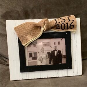 Mudpie Rustic White and Black Photo Frame with Burlap Bow New!